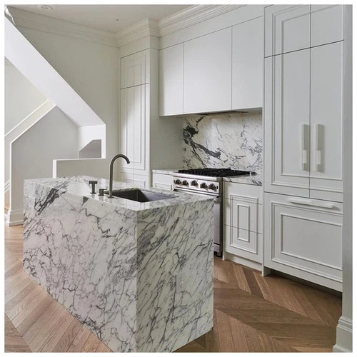 Statuario White Marble Waterfall Countertops in Penthouse-KA UNITED Statuario White Marble Waterfall Countertops in Penthouse-KA UNITED