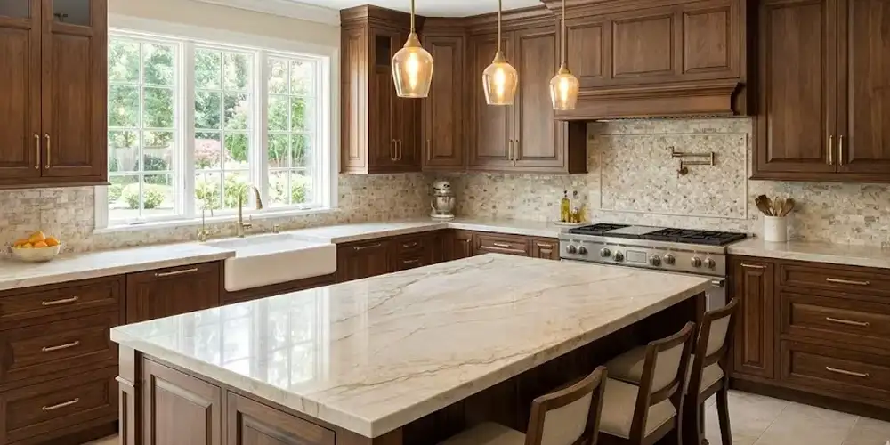 Taj Mahal Quartzite with Brown Wood Cabinet Bases Taj Mahal Quartzite with Brown Wood Cabinet Bases